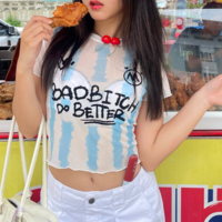 DO BETTER Printed Blue White Stripe Mesh Top - Thumbnail 3