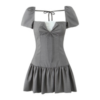 Sweet style bow tie waist puff sleeve dress - Thumbnail 1