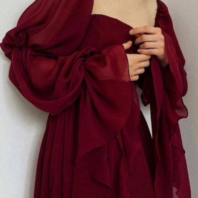 Beautiful romantic a-line burgundy prom dresses with long sleeves - Thumbnail 2