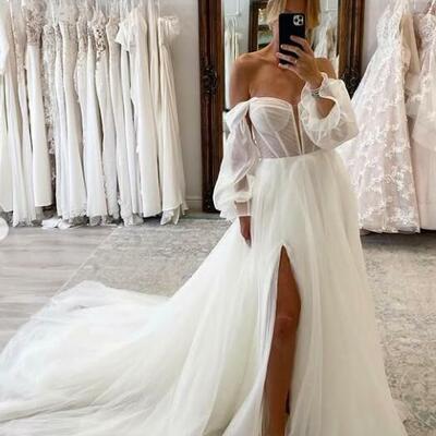 Sexy a-line off the shoulder tulle wedding dress bridal dress bridal gown