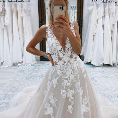 Sexy v-neck 3d flowers tulle wedding dress bridal dress bridal gown
