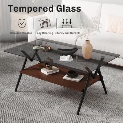 Modern rectangle coffee table with tempered glass top & brown shelf