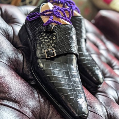 Handmade men black crocodile/alligator leather double monk strap shoes - Thumbnail 3