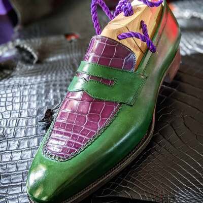 Handmade men purple green crocodile leather moccasin loafers shoes - Thumbnail 1