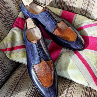 Handmade men blue tan grain leather dress shoes - Thumbnail 2