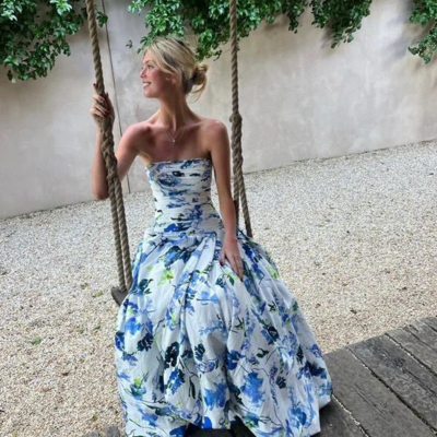 Strapless print floral long prom dresses with split