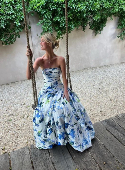 Strapless Print Floral Long Prom Dresses With Split