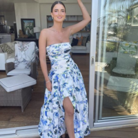 Strapless Print Floral Long Prom Dresses With Split - Thumbnail 1