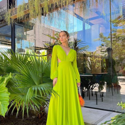 A-line elegant v neck chiffon green evening dresses 