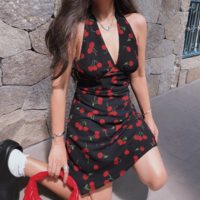 Sexy Deep V-Neck Backless Printed Halter Dress - Thumbnail 3