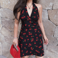 Sexy Deep V-Neck Backless Printed Halter Dress - Thumbnail 1