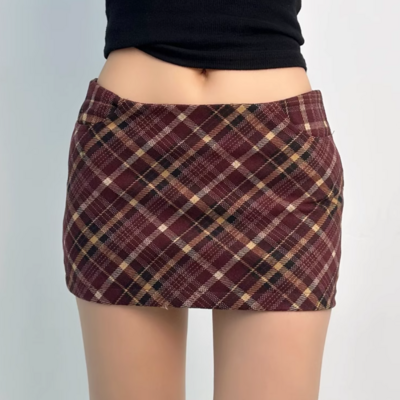 Retro sexy high waist a-line plaid ultra-short hip skirt