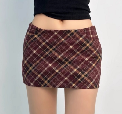 Retro sexy high waist A-line plaid ultra-short hip skirt