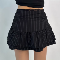 Lace patchwork puffy cloud skirt low waist drawstring anti-exposure striped short skirt - Thumbnail 1