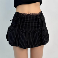 Lace patchwork puffy cloud skirt low waist drawstring anti-exposure striped short skirt - Thumbnail 5