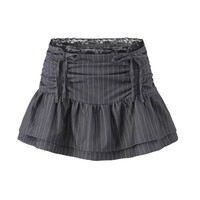 Lace patchwork puffy cloud skirt low waist drawstring anti-exposure striped short skirt - Thumbnail 6