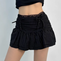 Lace patchwork puffy cloud skirt low waist drawstring anti-exposure striped short skirt - Thumbnail 7