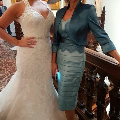 Elegant blue sheath tea-length mother of the bride/groom dress evening formal prom dress