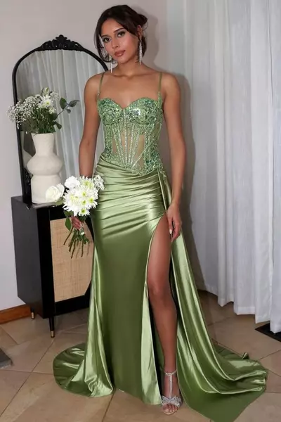 Sage Green Sequined Prom Dress Spaghetti Straps Appliqued Mermaid