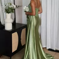 Sage Green Sequined Prom Dress Spaghetti Straps Appliqued Mermaid - Thumbnail 1