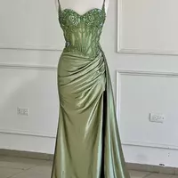 Sage Green Sequined Prom Dress Spaghetti Straps Appliqued Mermaid - Thumbnail 3