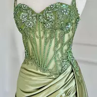 Sage Green Sequined Prom Dress Spaghetti Straps Appliqued Mermaid - Thumbnail 4