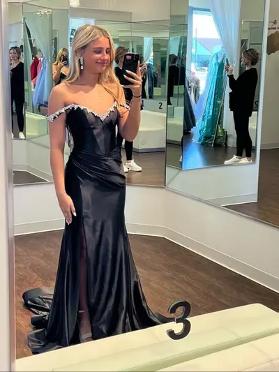 Black Satin Prom Dresses Off the Shoulder Mermaid Beaded