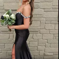 Black Satin Prom Dresses Off the Shoulder Mermaid Beaded - Thumbnail 2