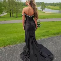 Black Satin Prom Dresses Off the Shoulder Mermaid Beaded - Thumbnail 3