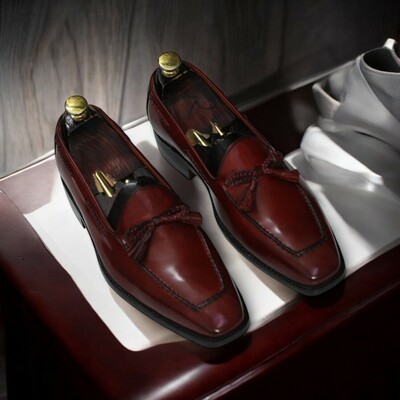 Handmade men's burgundy genuine leather shoes,loafer tussle shoes - Thumbnail 1