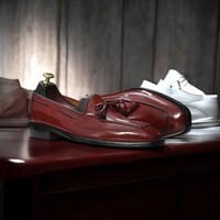 Handmade Men's Burgundy Genuine Leather Shoes,Loafer Tussle Shoes - Thumbnail 4