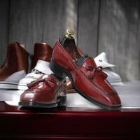 Handmade Men's Burgundy Genuine Leather Shoes,Loafer Tussle Shoes - Thumbnail 5