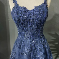 Floor Length A Line Blue Tulle Prom Dress With Lace Applique - Thumbnail 1
