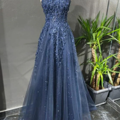 Floor length a line blue tulle prom dress with lace applique - Thumbnail 2