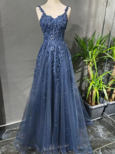 Floor Length A Line Blue Tulle Prom Dress With Lace Applique