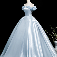 Blue A-Line Off the Shoulder Evening Party Dress - Thumbnail 1