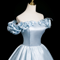 Blue A-Line Off the Shoulder Evening Party Dress - Thumbnail 4