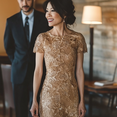 Elegant champagne lace mother of the bride/groom dress evening formal prom dress