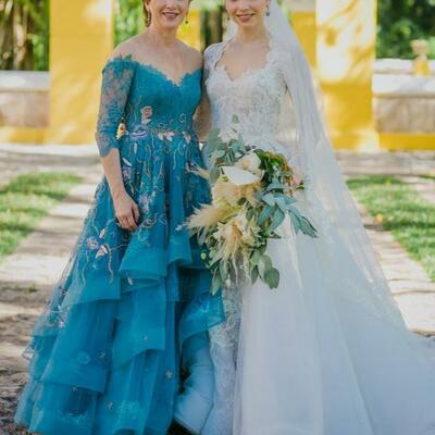 Elegant blue ball gown lace mother of the bride/groom dress evening formal prom dress