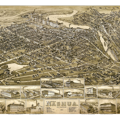 Nashua, nh in 1883 - bird's eye view map, aerial map, panorama map, vintage map, antique map, reproduction, giclée, framable map, fine art