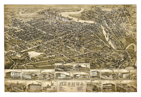 Nashua, NH in 1883 - Bird's Eye View Map, Aerial map, Panorama map, Vintage map, Antique map, Reproduction, Giclée, Framable map, Fine Art