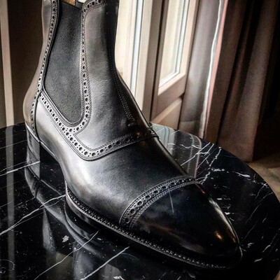 Handmade men black calf leather chelsea boot - Thumbnail 2