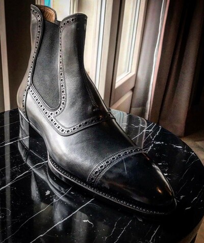 Handmade Men Black Calf Leather Chelsea Boot