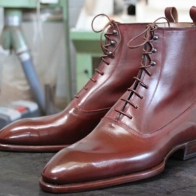 Handmade men brown leather ankle high lace up balmoral boot - Thumbnail 2