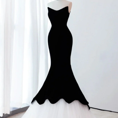 Mermaid black velvet v neck lace up prom dresses - Thumbnail 2