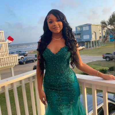 Mermaid dark green tulle lace prom dress with beading