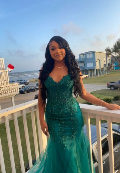 Mermaid Dark Green Tulle Lace Prom Dress With Beading
