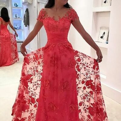 Elegant red lace mother of the bride/groom dress evening formal prom dress