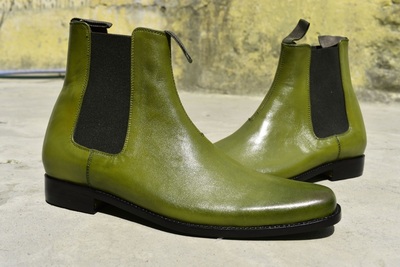 Handmade Men's Olive Leather Formal Chelsea Ankle High Dress Boot