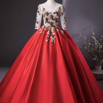 Red satin lace 1/2 sleeve long prom formal dress